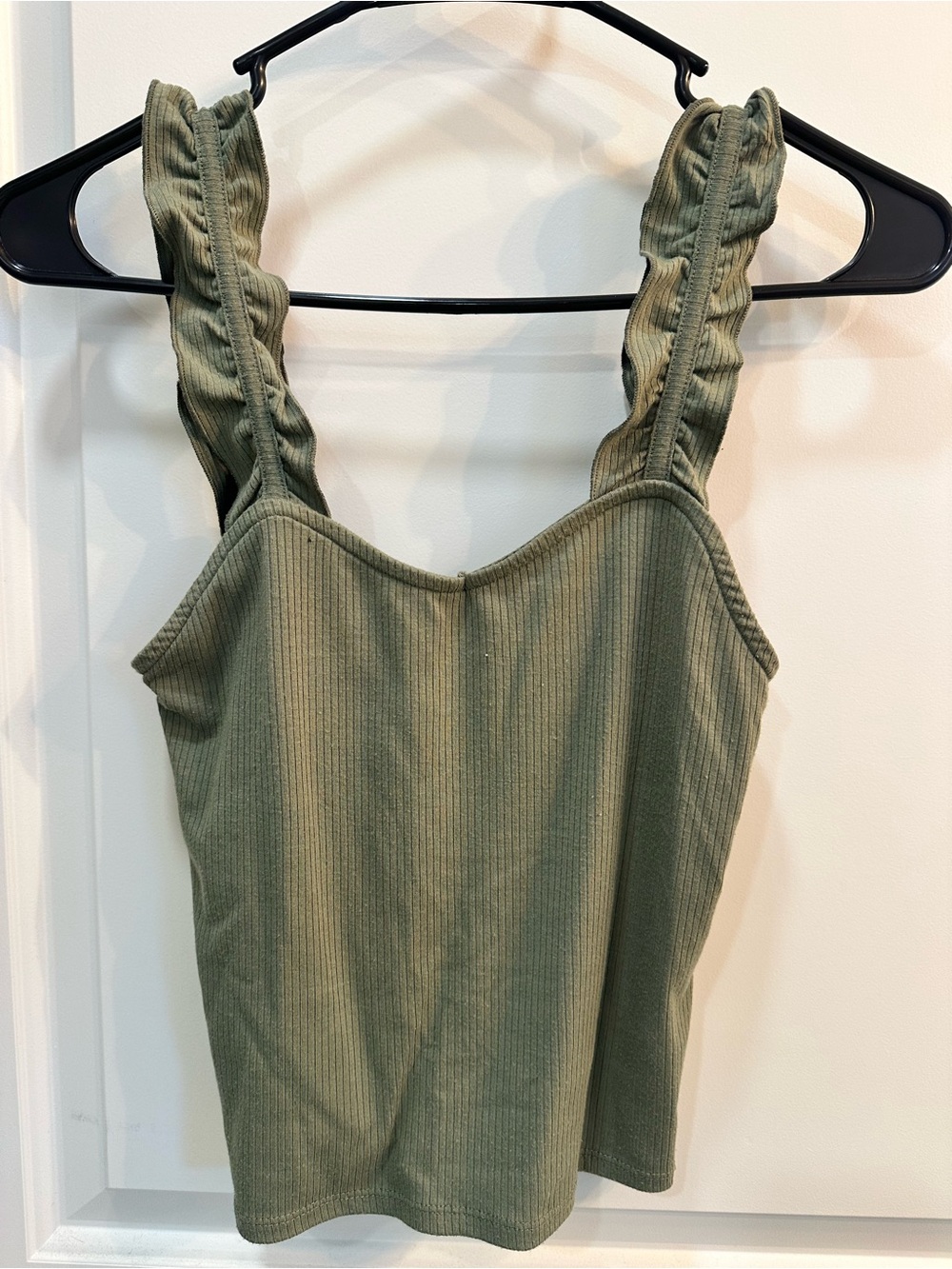 Poof! Olive Green Ribbed Tank with Ruffled Straps